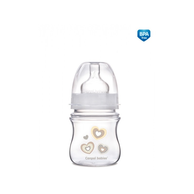 CANPOL 35/216 Butelka szerokootworowa antykolkowa Easystart Newborn Baby 120 ml beżowe serduszka