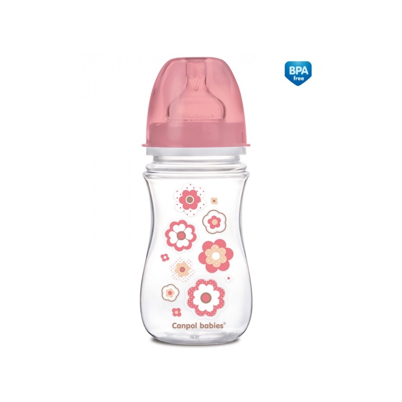 CANPOL 35/217 Butelka szerokootworowa antykolkowa Easystart Newborn Baby 240 ml różowe kwiatki